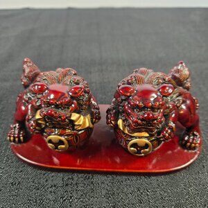 Feng Shui FOO DOGS Shias Red Okinawa Ryukyu Guardian Figurine 6" X 3" X 2.5